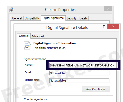 Screenshot of the SHANGHAI FENGHAN NETWORK INFORMATION TECHNOLOGY STUDIO certificate